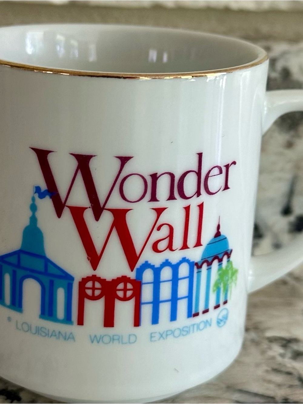Wonder Wall 1984 World’s Exposition White Ceramic Coffee Mug with Gold Rim